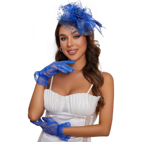 Headwear and Short Lace Bowknot Gloves for Women - Blue - Picture 1 of 6